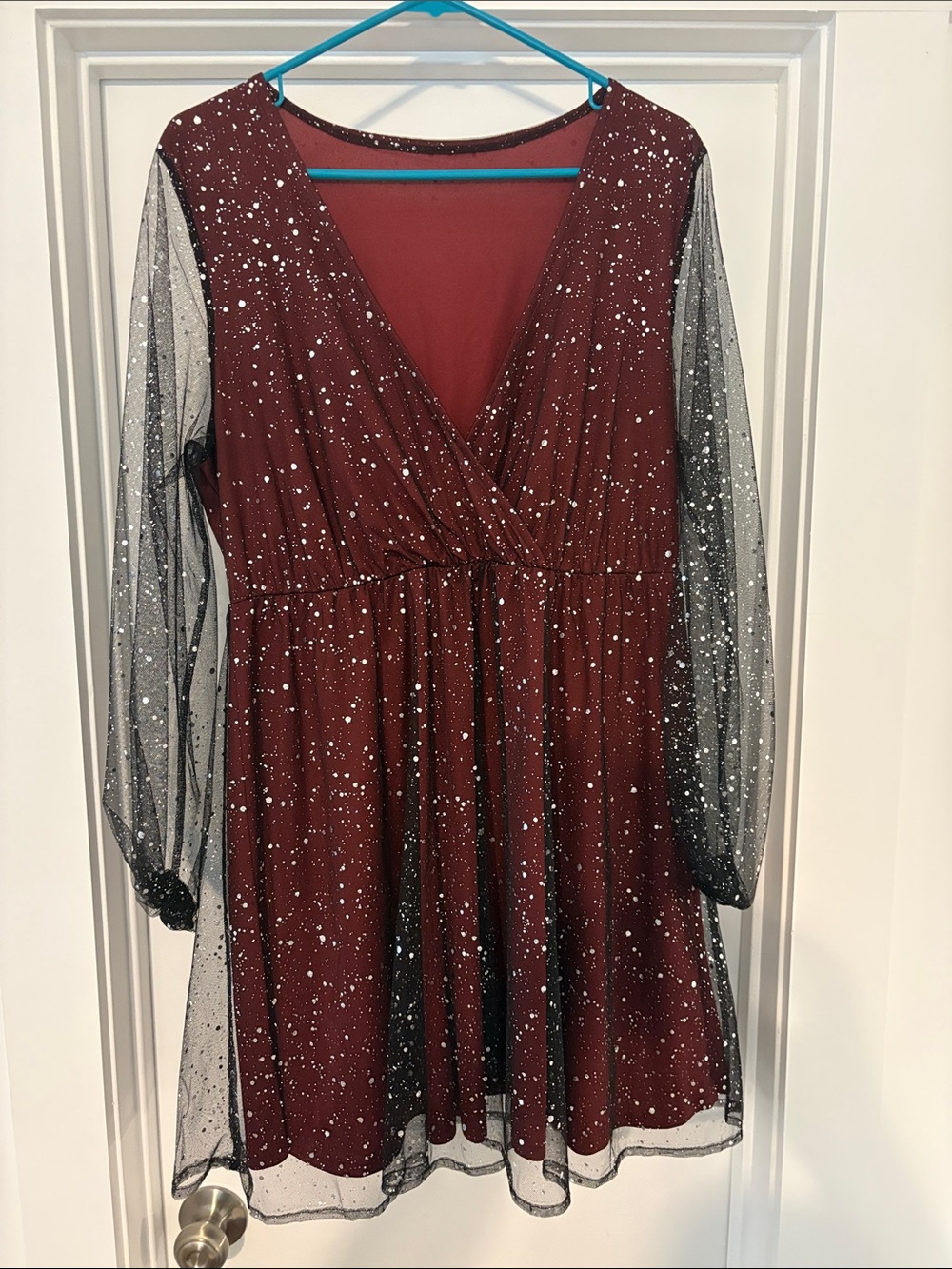 Sparkle Burgundy V-Neck Party Dress with Sheer Sparkle Sleeves